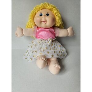 Cabbage Patch Kid Doll Blonde Yarn Hair Blue Eyes Pink & Gold Dress W/ Signature